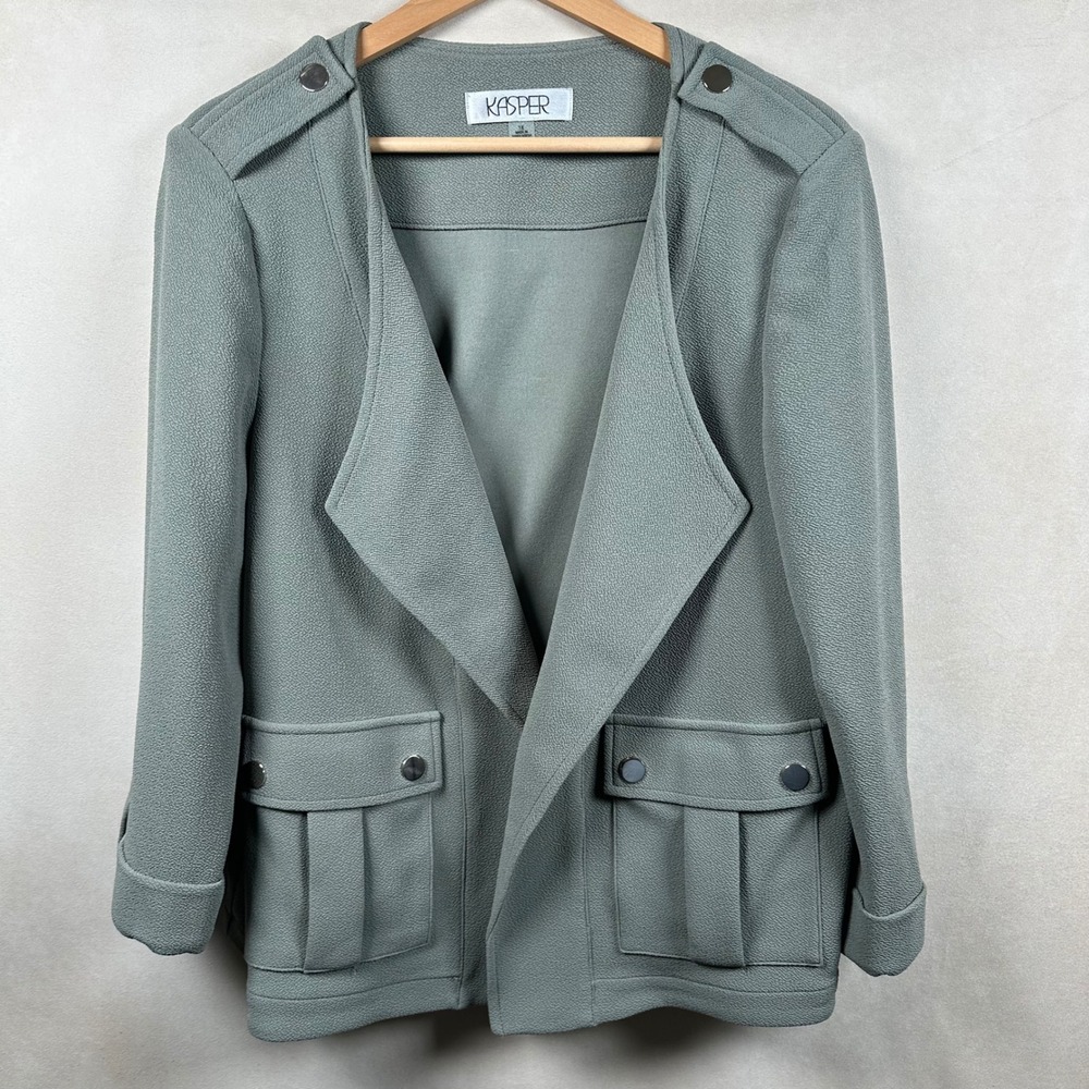 Kasper Blazer Womens 1X Sage Green Open Front Textured Crepe Cargo Jacket